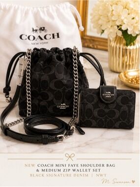 NEW Coach Mini Faye Drawstring Bag & Medium Zip Wallet Set Black Signature Denim